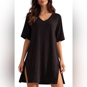 Eileen Fisher Size M Tencel Loycell Slits Hem Long Tunic Short Sleeve V-Neck